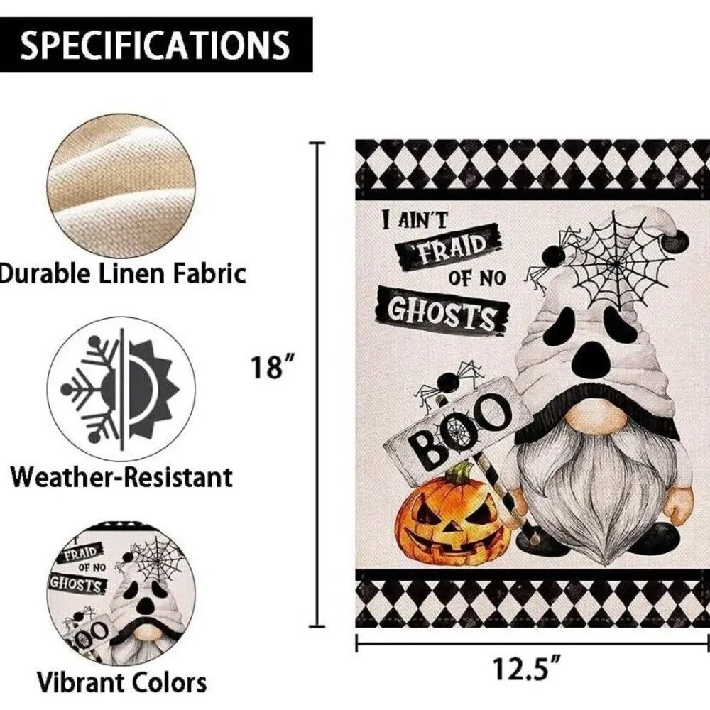 Gnome Halloween Ghost Spider Boo Garden Flag Double Sided 12.5 × 18 Inch